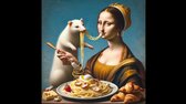 carousel 4  Modify the adaptation of Leonardo da Vinci's Lady with an Ermine to specifically feature spaghetti carbonara, instead of plain spaghetti  In this vers jpg