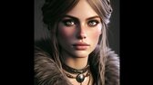 Astrid Erbiort with black eyes and hair, strong facial features, full lips, straight and prominent nose, deep eyes with an intense gaze, blonde or light brown hair, simple and practical clothing made of wool or lin RAVEN png